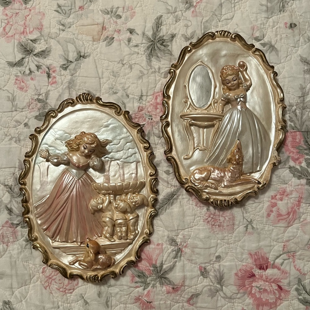 Vintage Pair of Chalkware Pearlized Girl Wall Art Decor